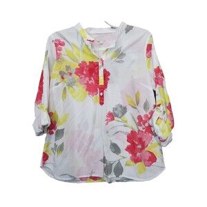 Talbots Petites Cotton White Floral Roll-Tab Sleeve Henley Neck Popover Top MP